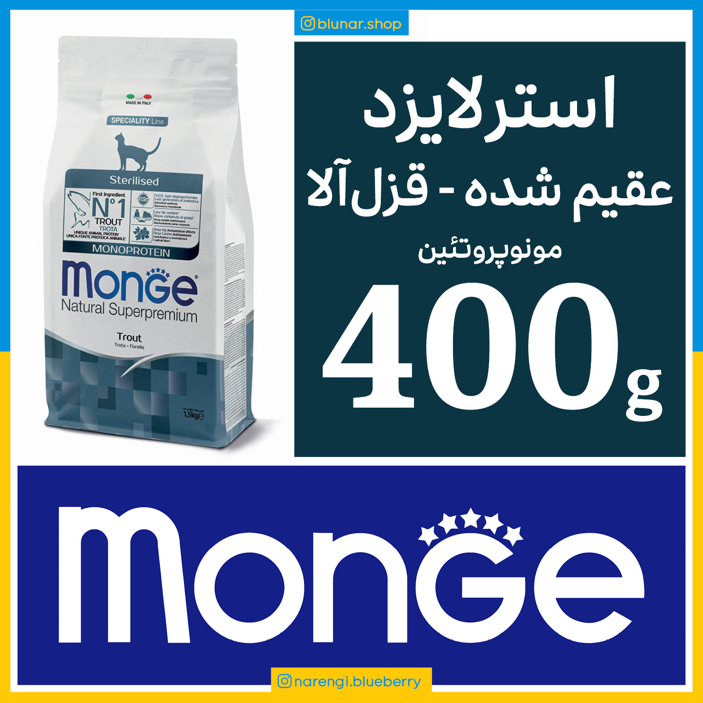 مونژه - گربه عقیم شده - طعم قزل آلا - مونو پروتئین - 400 گرمی در بسته بندی بلونارشاپ - تصویر 1