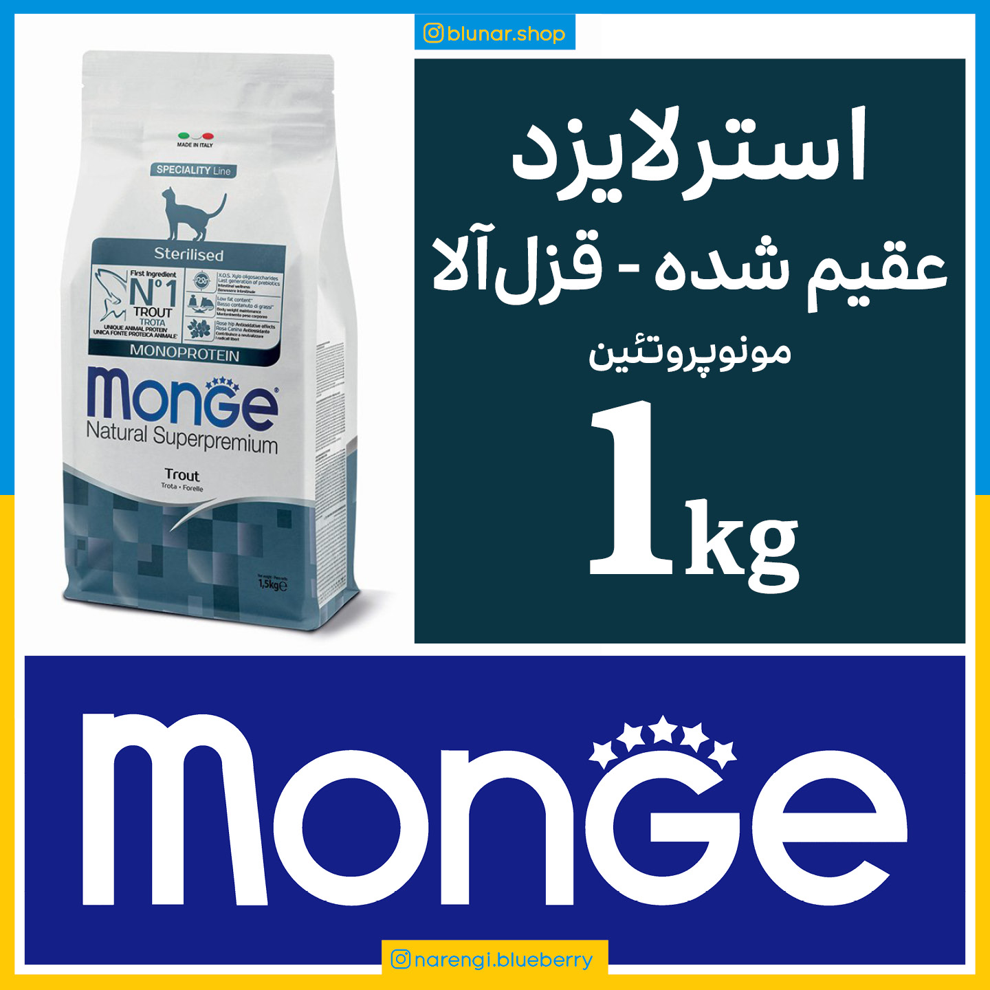مونژه - گربه عقیم شده - طعم قزل آلا - مونو پروتئین - یک کیلویی در بسته بندی بلونارشاپ - تصویر 1